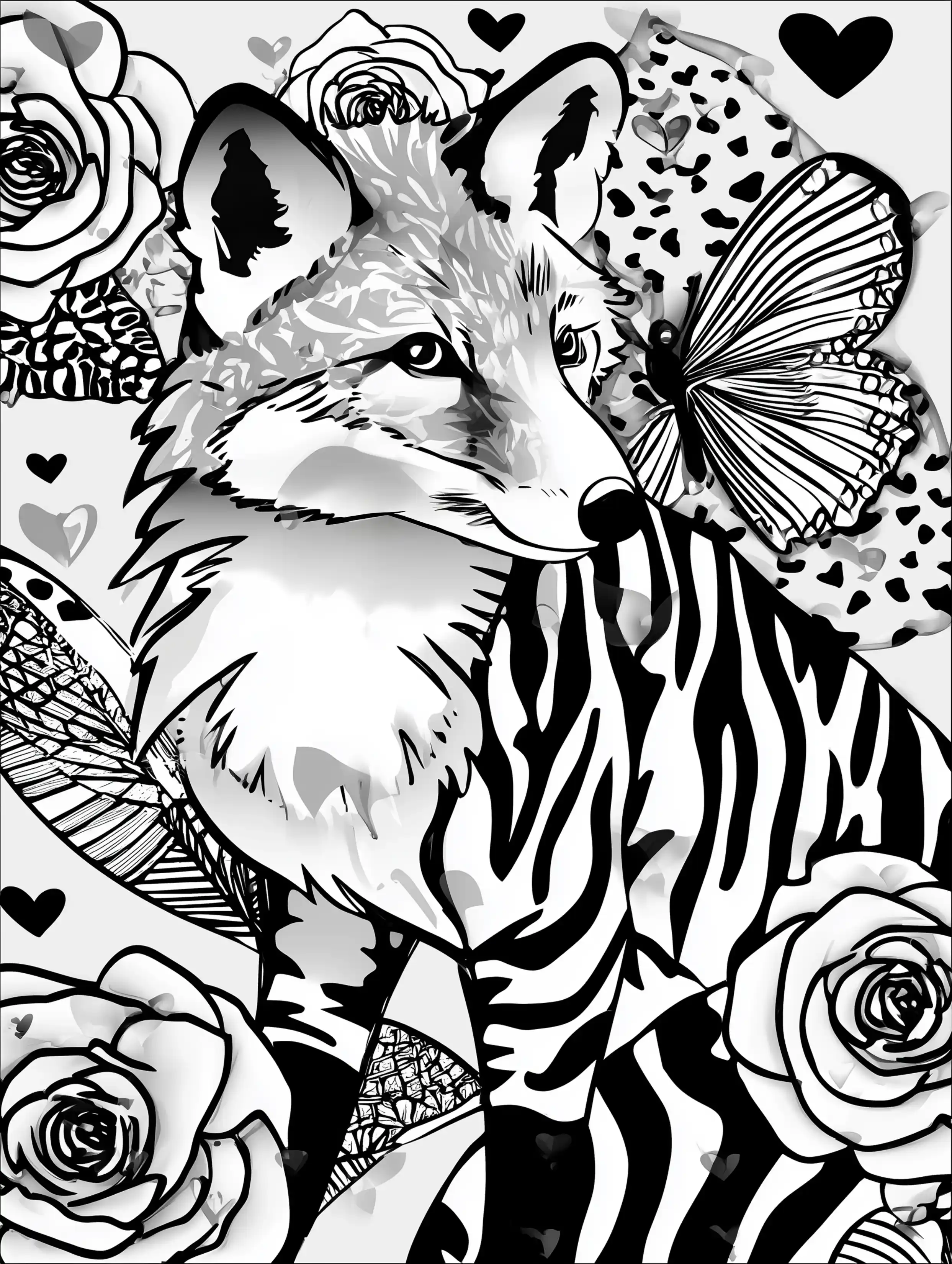 Free printable zoo coloring sheet featuring a fox with a butterfly